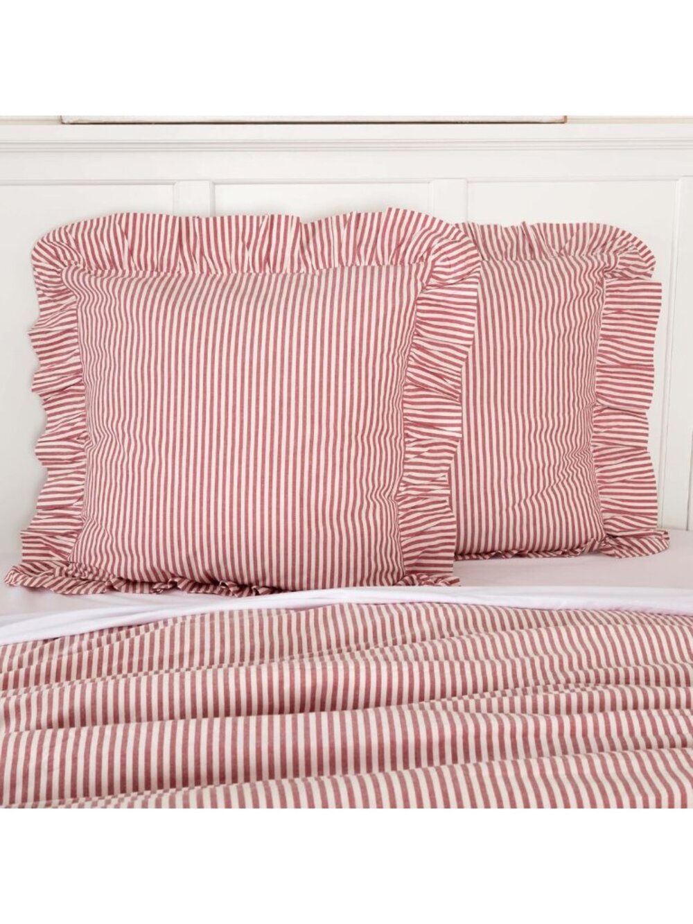 Rustic Red Ticking Stripe Euro Sham 26"x26" | Ruffled Decorative Pillow Cover